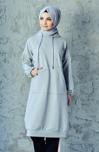 Kapüşonlu Uzun Sweatshirt 1308-03 Gri