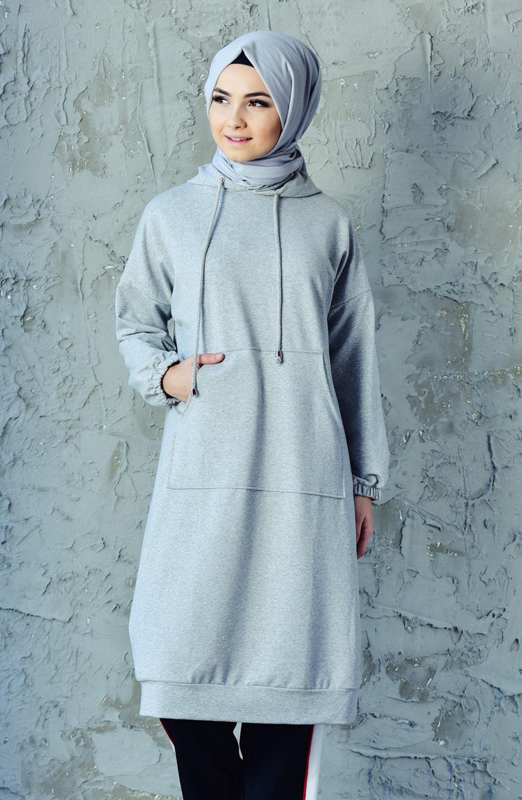 Kapüşonlu Uzun Sweatshirt 1308-03 Gri