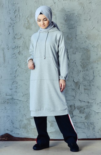 Kapüşonlu Uzun Sweatshirt 1308-03 Gri
