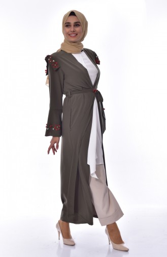 Çiçek Aplikeli Abaya 1503-05 Haki