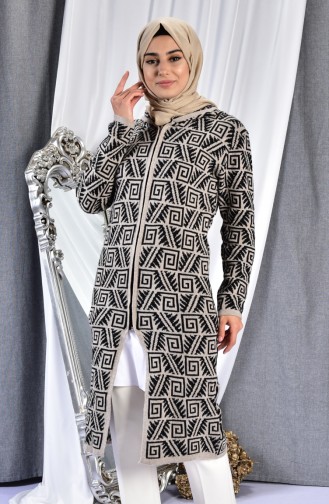 Hooded Zippered Cardigan 1301-03 Black Beige 1301-03