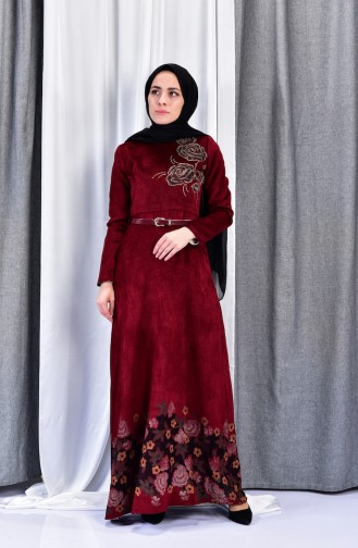 Belt Velvet Dress 3030-02 Bordeaux 3030-02