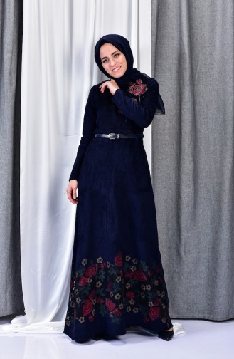 Belt Velvet Dress 3030-03 Navy 3030-03