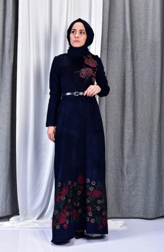 Belt Velvet Dress 3030-03 Navy 3030-03