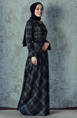 Plaid Patterned Belted Dress 2062-02 Black 2062-02