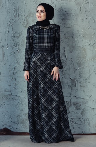 Plaid Patterned Belted Dress 2062-02 Black 2062-02