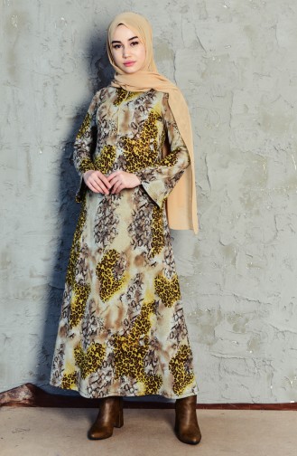 Leopar Desenli Elbise 7068-01 Bej