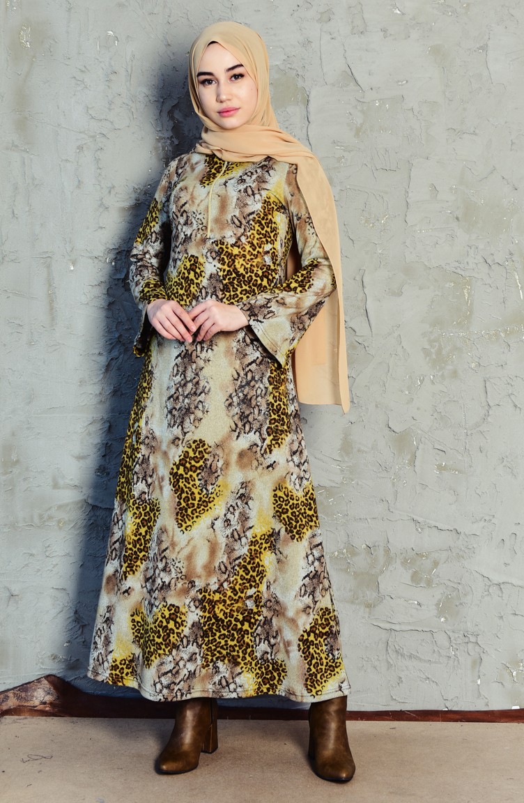 Leopar Desenli Elbise 7068-01 Bej