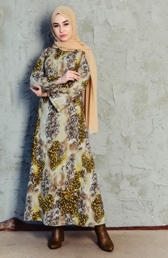 Leopar Desenli Elbise 7068-01 Bej