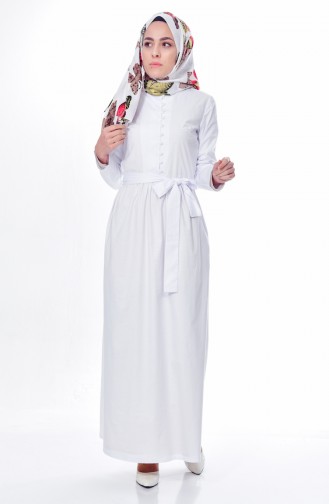Beli Kuşaklı Elbise 9054-04 Beyaz