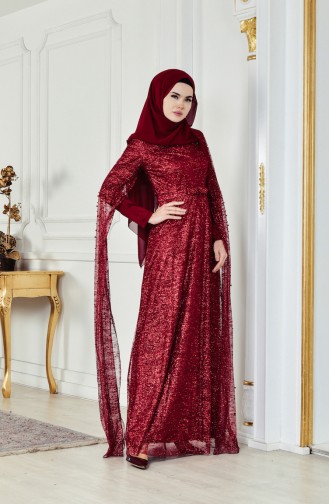 Claret Red Hijab Evening Dress 3247-02