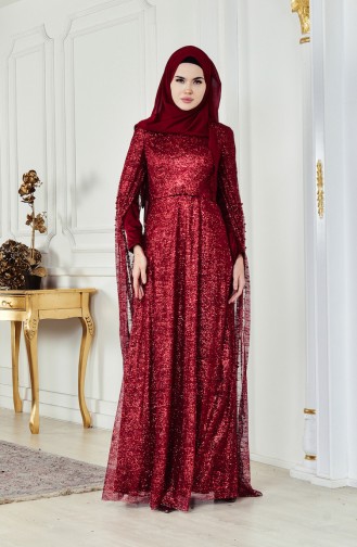 Claret Red Hijab Evening Dress 3247-02