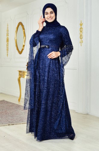 Navy Blue Hijab Evening Dress 3247-01