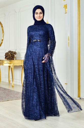 Navy Blue Hijab Evening Dress 3247-01