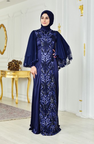 Sequined Evening Dress 1444-01 Navy Blue 1444-01