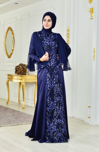 Sequined Evening Dress 1444-01 Navy Blue 1444-01
