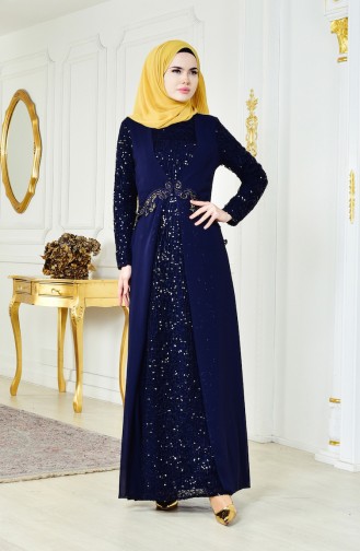 Sequined Chiffon Dress 52714-02 Navy Blue 52714-02