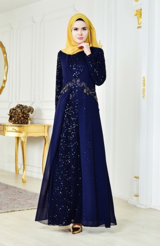 Sequined Chiffon Dress 52714-02 Navy Blue 52714-02