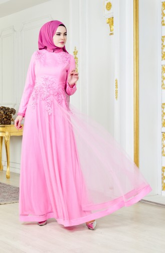 فستان سهرة يتميز تفاصيل من الؤلؤ 3076-02 لون زهري 3076-02