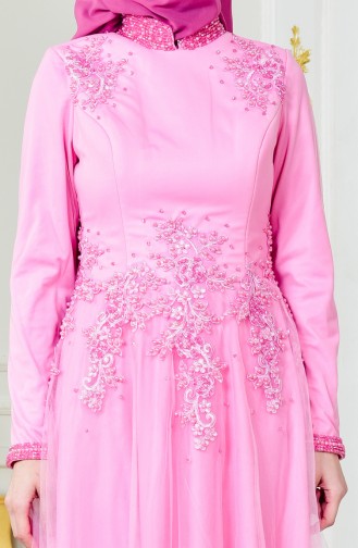 فستان سهرة يتميز تفاصيل من الؤلؤ 3076-02 لون زهري 3076-02