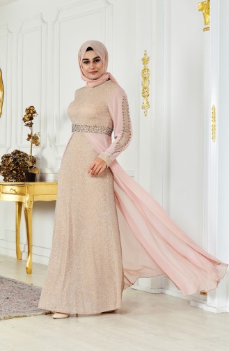 Powder Hijab Evening Dress 3257-04