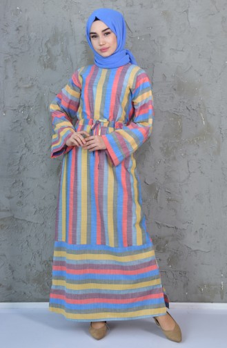 فستان بتصميم مُخطط وحزام للخصر  4404-02 لون برتقالي واصفر 4404-02