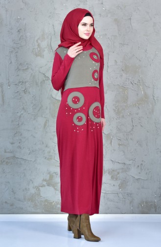 فستان بتصميم مُطبع باحجار لامعة 99165-04 لون خمري 99165-04
