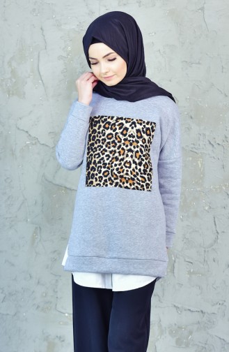 Leopard Patterned Sweatshirt 6084-04 Gray 6084-04