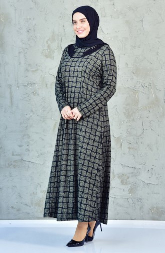 Büyük Beden Kareli Elbise 4311-05 Haki