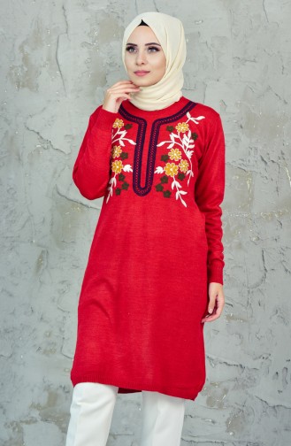 Tricot Flower Embroidered Tunic 16017-08 Red 16017-08