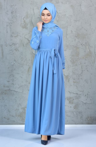 Dantelli Kuşaklı Elbise 0894-04 Mavi