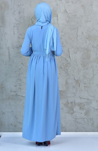 Dantelli Kuşaklı Elbise 0894-04 Mavi