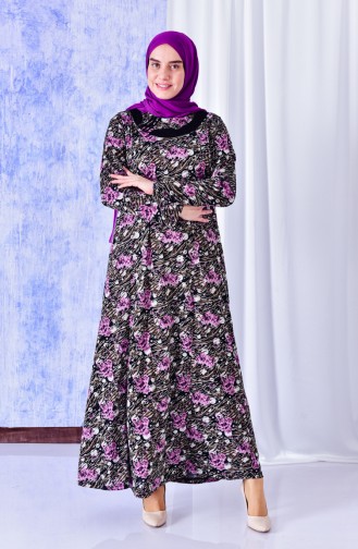فستان بتصميم مُطبع بمقاسات كبيرة 4810-03 لون ارجواني داكن 4810-03