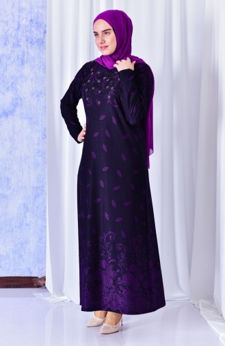 Large Size Stone Printed Jacquard Dress 4811-01 Plum 4811-01