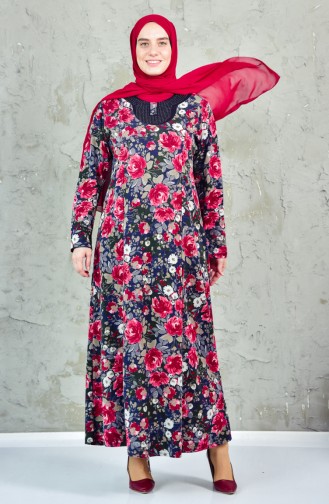 Large Size Patterned Dress 4849-02 Claret Red 4849-02