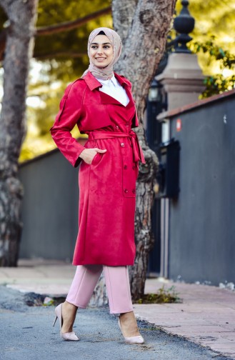 Belted Suede Trench Coat 2466-04 Fuchsia 2466-04