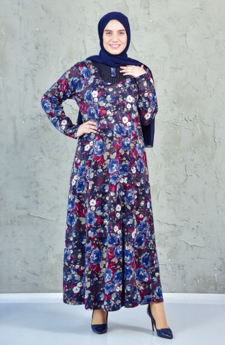 Large Size Patterned Dress 4849-01 Navy Blue 4849-01