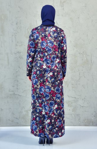 Large Size Patterned Dress 4849-01 Navy Blue 4849-01
