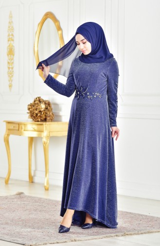 Navy Blue Hijab Evening Dress 6100-03