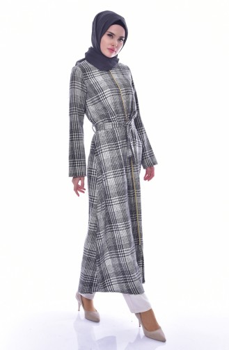 Dilber Zippered Plaid Long Cap 7072-01 Gray 7072-01