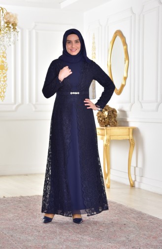 Robe de Soirée a Dentelle Grande Taille 1273-01 Bleu Marine 1273-01