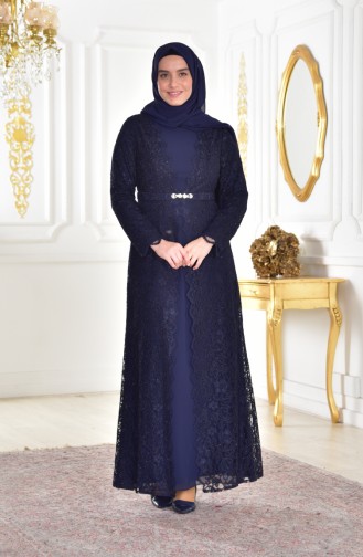 Robe de Soirée a Dentelle Grande Taille 1273-01 Bleu Marine 1273-01