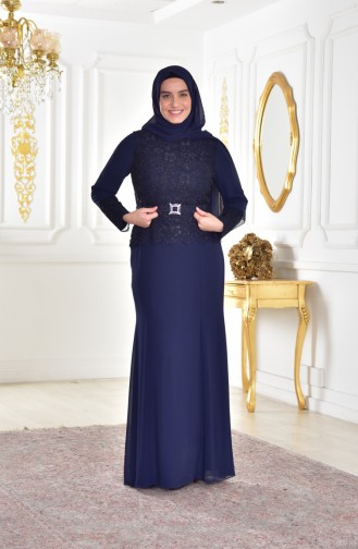 Robe de Soirée a Dentelle Grande Taille1280-02 Bleu Marine 1280-02