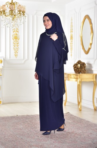 Navy Blue Hijab Evening Dress 4007-03
