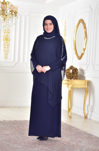 Navy Blue Hijab Evening Dress 4007-03