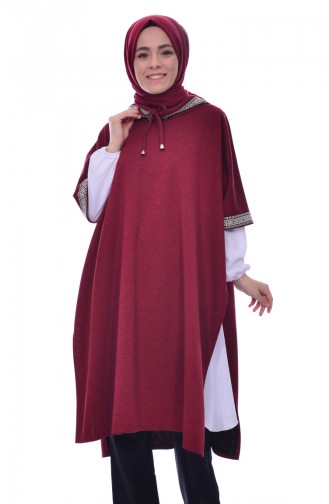 Ribbon Detailed Poncho Bordeaux 1553-04