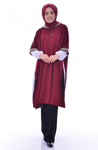 Ribbon Detailed Poncho Bordeaux 1553-04
