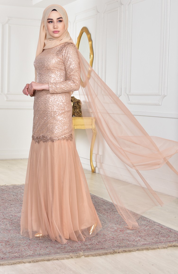 Gold Hijab Evening Dress 1813-02