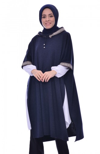 Ribbon Detailed Poncho Navy Blue 1553-03