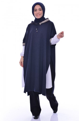 Ribbon Detailed Poncho Navy Blue 1553-03